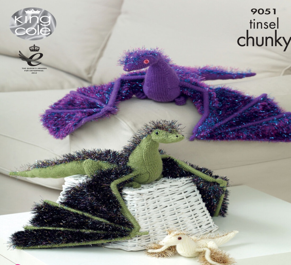 King Cole 9051 Knitting Pattern Toy Dragons in Tinsel Chunky & Pricewise DK