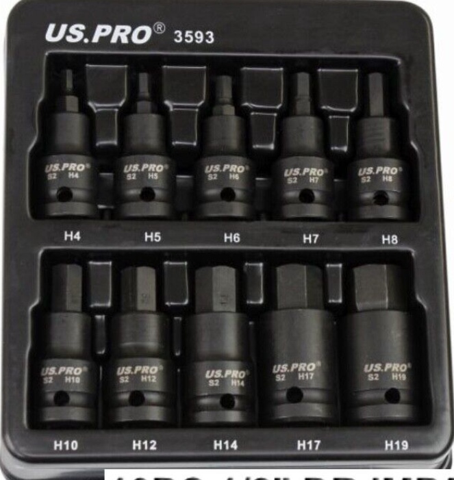 USPRO 10PC 1/2"" DRIVE IMPACT HEX SOCKET BIT SET H4 H5 H6 H7 H8 H10 H12 H14 17 18