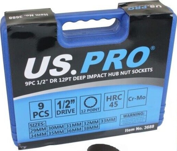 US PRO Tools 9pc 1/2"" Dr 12pt Deep Impact Hub Nut Sockets 29mm to 38mm 3688