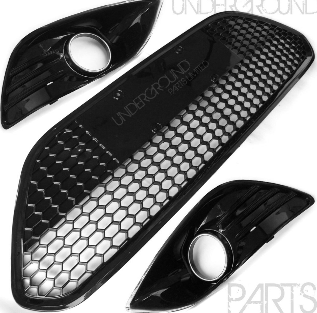 FORD FOCUS MK2 RS ST STYLE GLOSS BLACK HONEYCOMB MESH FRONT GRILLES & FOG COVERS