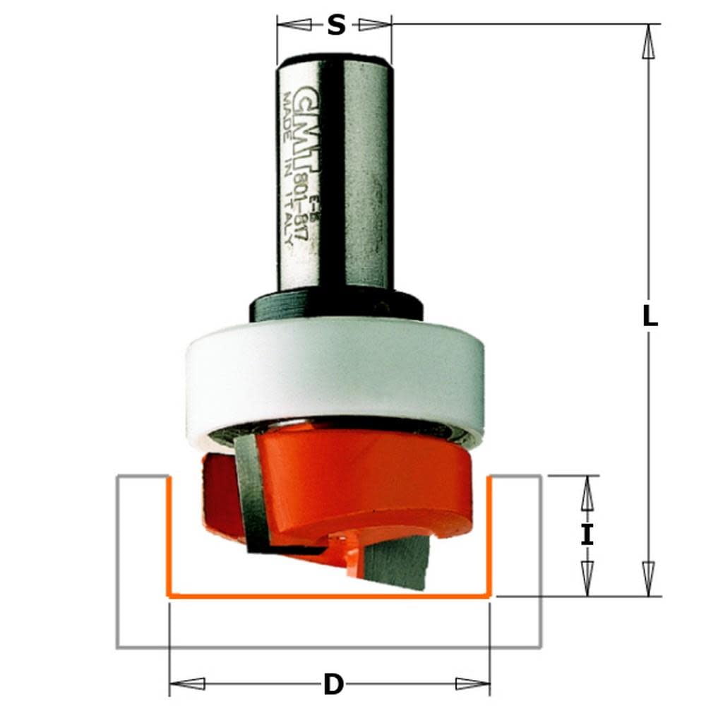 CMT Mortising Router Bit with Top Bearing - 12.7 dia x 6.35mm cut x 1/4 shank