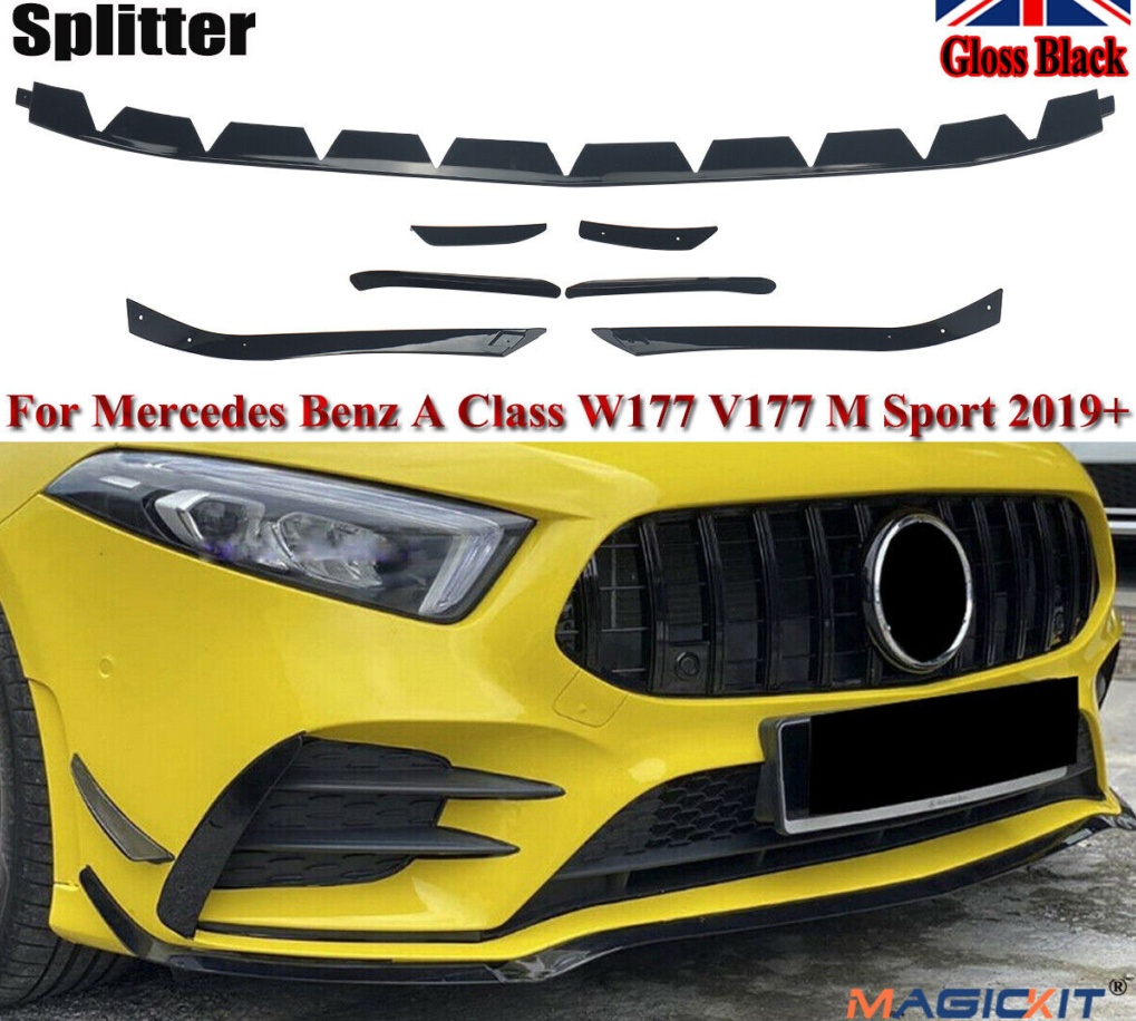 Gloss Black Front Bumper Lip Spoiler Splitter Canards Fins For Mercedes A W177