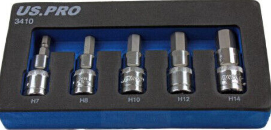 US PRO Tools 5PC 1/2"" DR Metric Hex Bit Sockets 7 - 14mm 3410