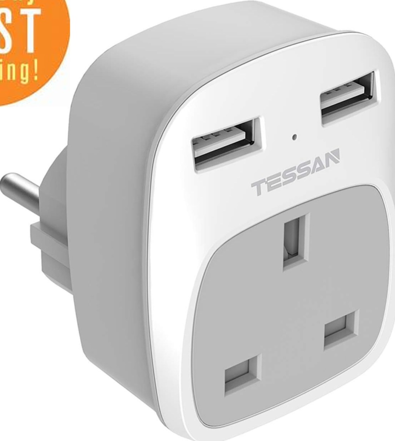 Tessan UK to EU Euro Europe Mini Travel Adapter with 2 USB Port E/F Plug Adapter