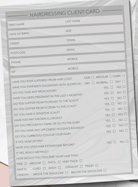 Hairdressing Client Record Card Consultation Form PREMIUM Salon x25