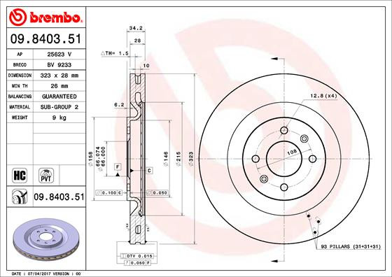 2x Brake Discs Pair Vented Front 323mm 09.8403.51 Brembo Set 4249L6 Quality New