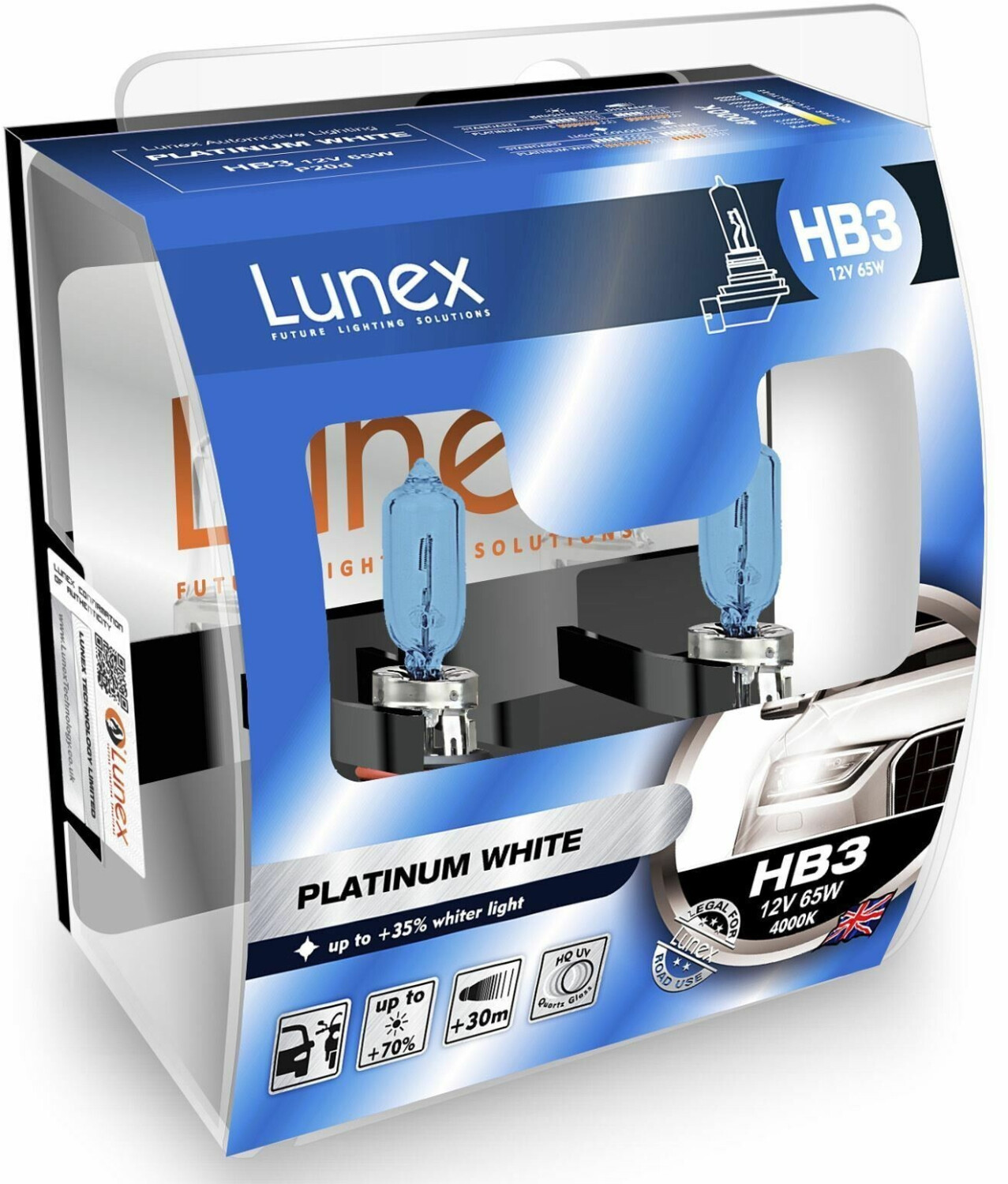 2x HB3 Genuine Lunex Platinum White 12V 9005 Halogen Headlight Bulbs P20d 4000K