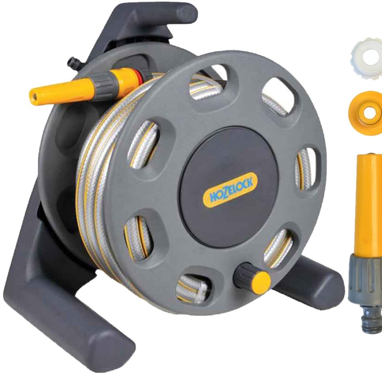 Hozelock 30m Free Standing Hose Reel – 25m Hose, Tap Connector & Spray Nozzle