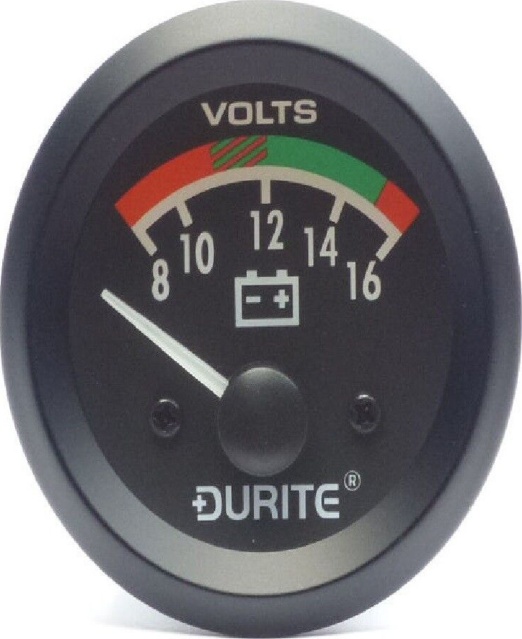 Durite 12 Volt Battery Condition Voltmeter - 8V to 16V, 52mm Dia - 0-523-22