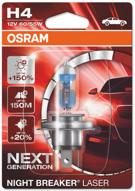 H4 (472) 1X OSRAM NIGHT BREAKER LASER NEXT GEN. 150% LIGHT 150m BEAM 20% WHITER