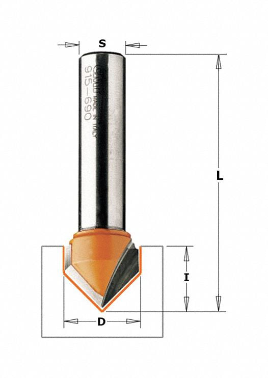 CMT V-Grooving Router Bits (90°) - 6.35 dia x 8mm cut x 1/4 shank