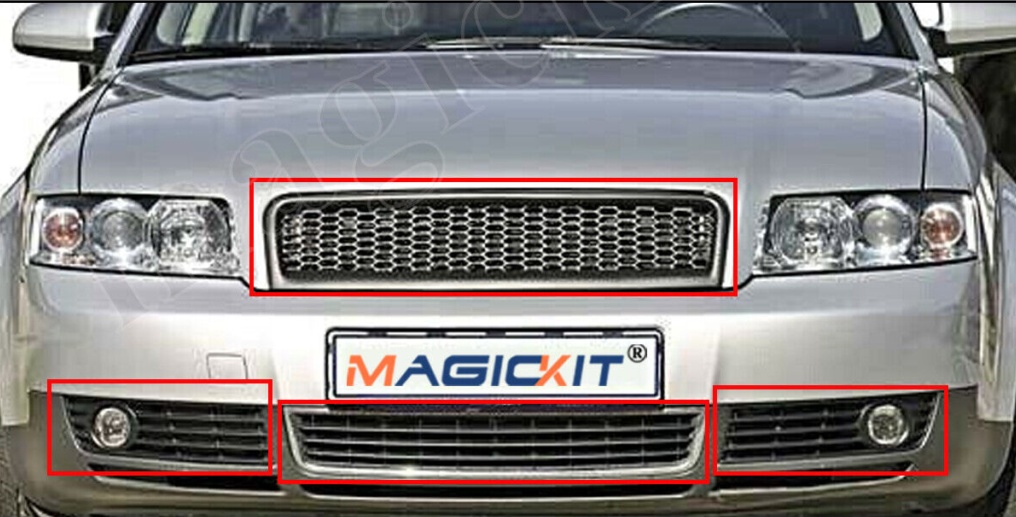 Front Bumper Honeycomb Upper&Lower Grille+Fog Light Grills for Audi A4 B6 02-05