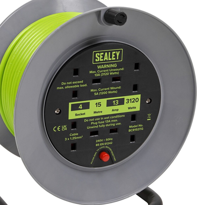 Sealey BCR153TG 15m Cable Reel with Thermal Trip 4 x 230V - Hi-Vis Green