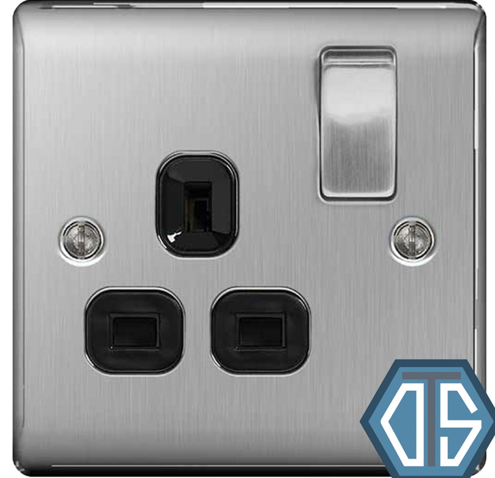 BG Nexus NBS21B Brushed Steel Satin Chrome Single Socket 1 Gang 13 Amp Black