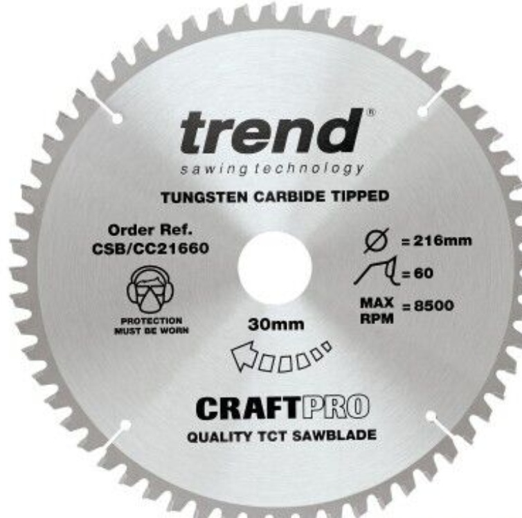 Trend CraftPro Crosscut Wood Mitre Saw Blade - 216mm dia x 2.6 kerf x 30 bore 60