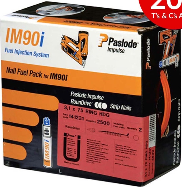 Paslode 3.1 x 90mm - Ring Nails Galv-Plus Finish Box of 2,200 + 2 Fuel Cells