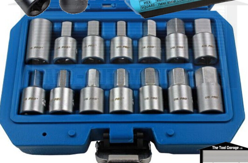 US PRO Tools 3/8"" dr 14pc Drain Sump Plug Key Set, Engine Gearbox Diff 3225