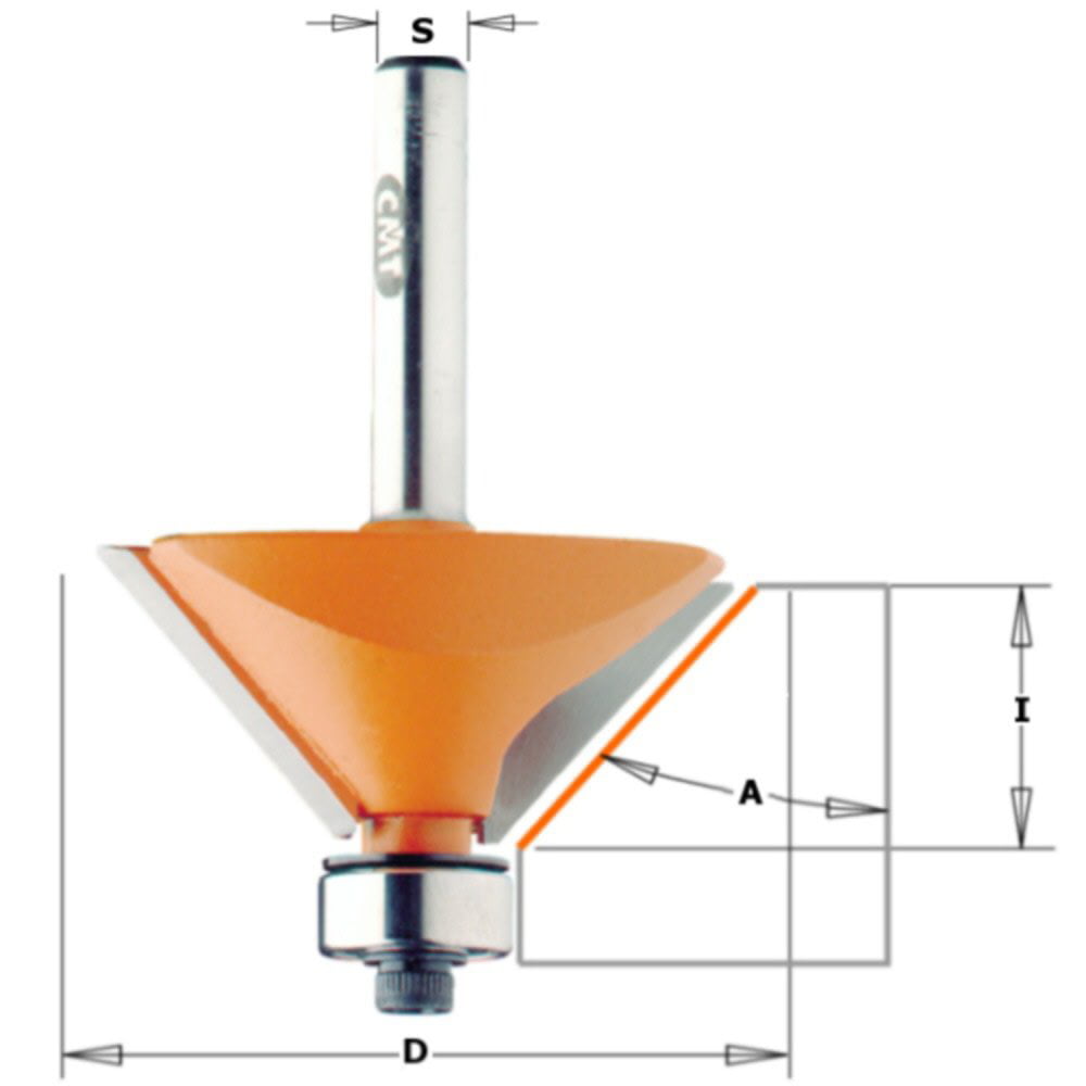 CMT Chamfer router bit - 31.75 dia x 9.5mm cut x 1/4 shank, 45 deg