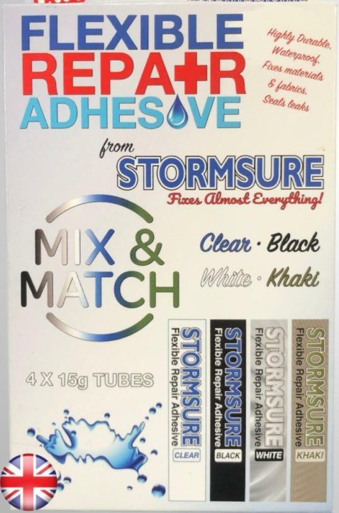 STORMSURE FLEXIBLE REPAIR ADHESIVE PACK OF 4 X 15g Clear Black White and Khaki