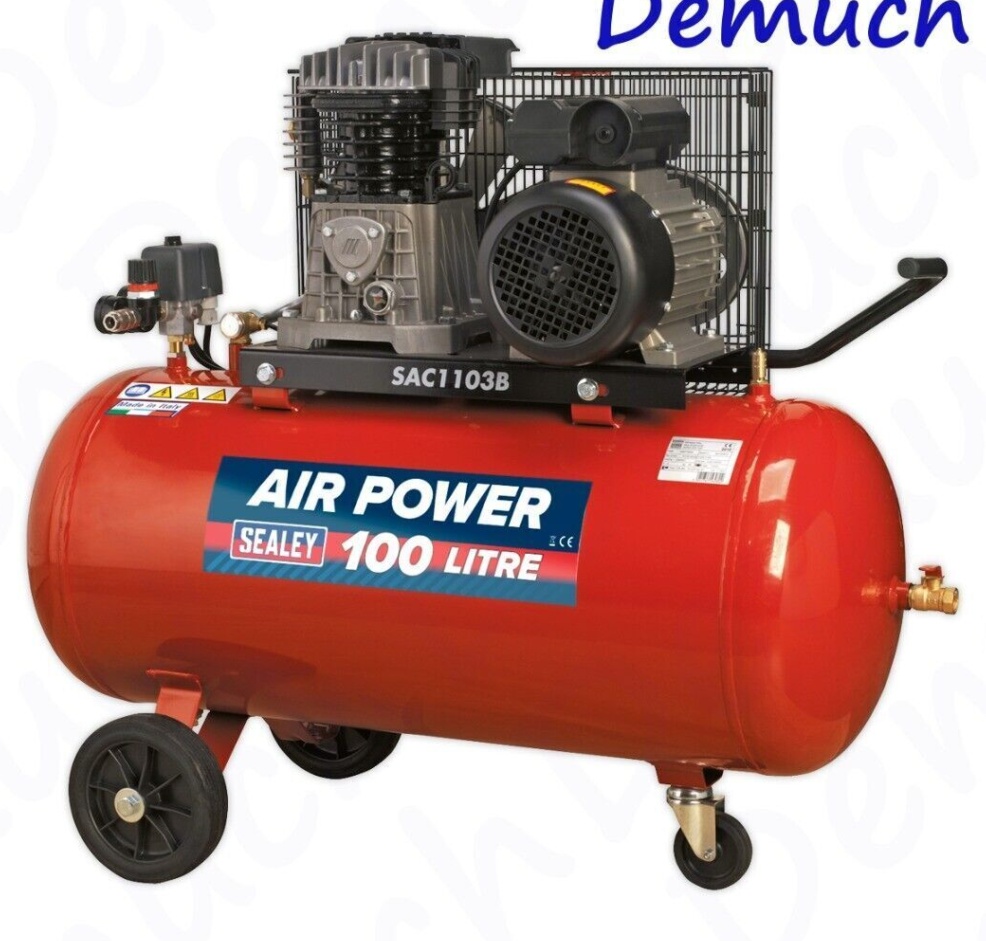 100L Belt Drive Air Compressor with Cast Cylinders & Wheels 3hp