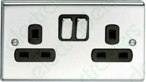 Deta SD1209CHB Switched Socket Outlet 13 Amp - 2 Gang Polished Chrome / Black