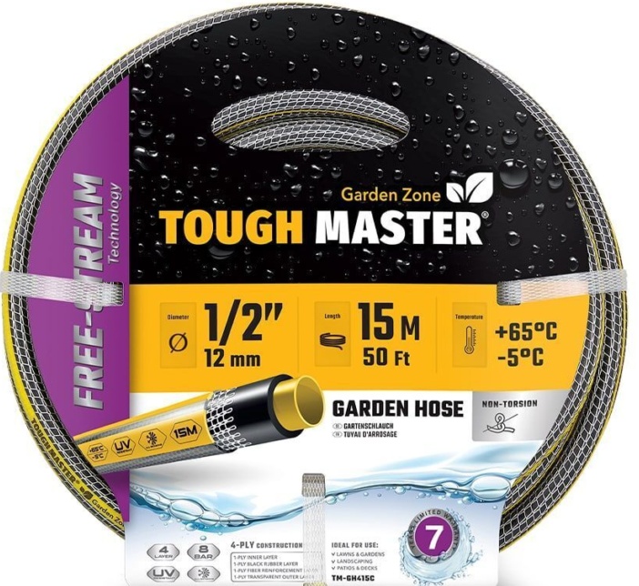Garden Hose Pipe 15m/50ft 4-Layer Reinforced Anti-Kink Water Hose TOUGH MASTER