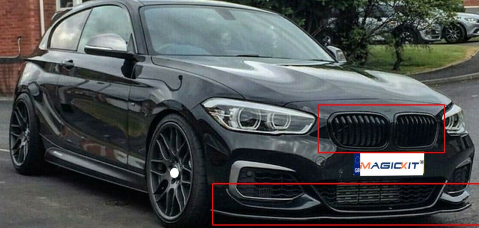 FOR BMW F20 F21 M SPORT 15-18 GLOSS BLACK FRONT BUMPER LIP SPLITTER+GRILLES KIT