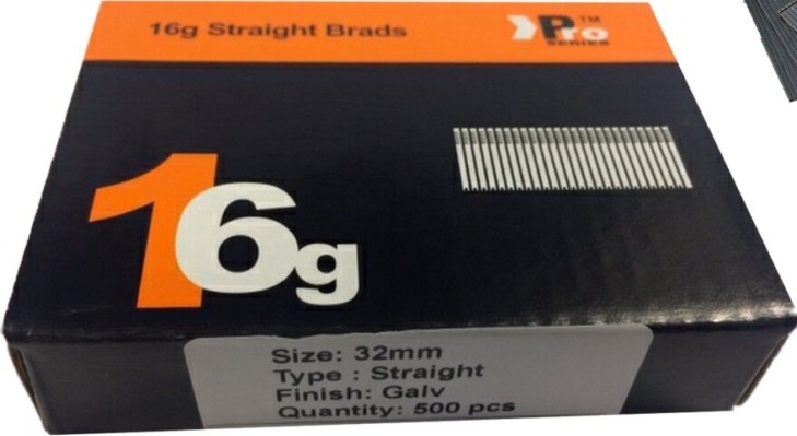 500 pack - size 32mm, 16g STRAIGHT - for Dewalt, Paslode, Hitachi Finish Nails