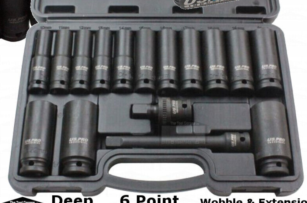 US PRO INDUSTRIAL 16PC 1/2"" DR Deep impact Sockets 10-27mm & Extension Set 3453