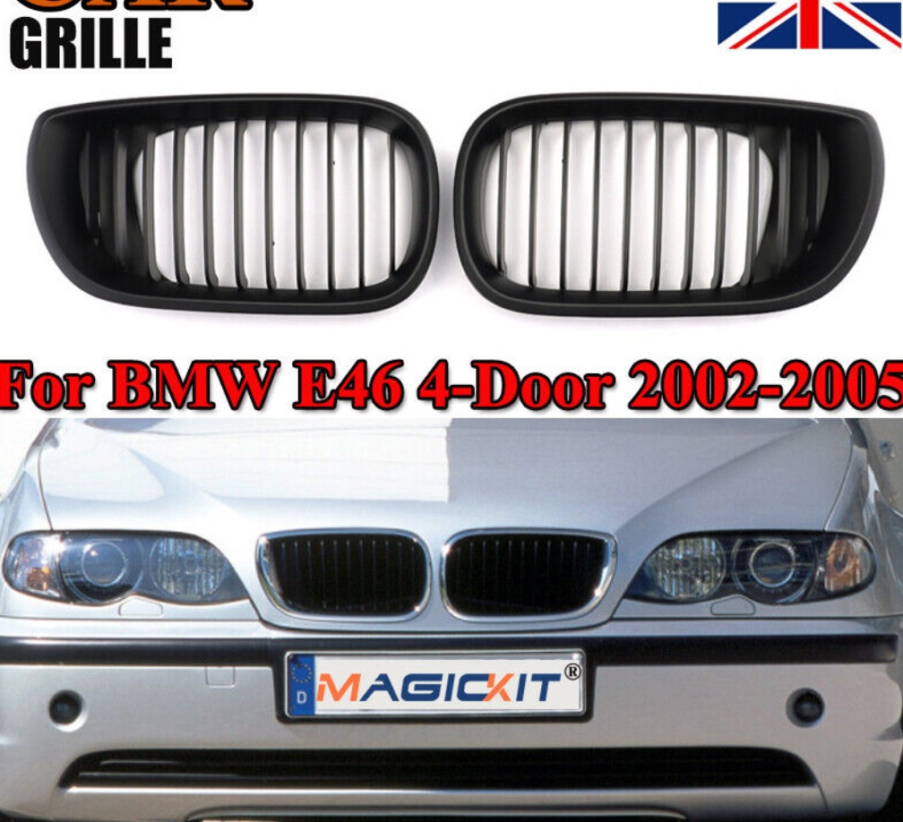For BMW E46 Saloon Touring 2002-05 Facelift Pair Front Kidney Grille Matte Black