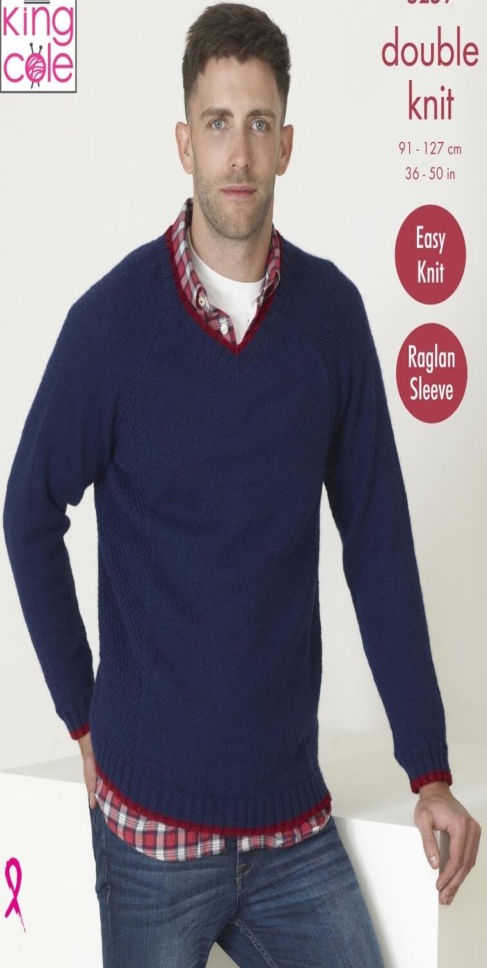 Easy Knit Mens Raglan Sleeve Sweaters Double Knitting Pattern King Cole 5259 - Image 3