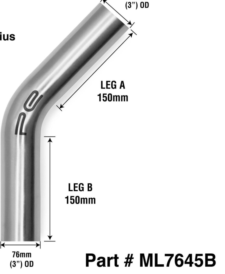 3"" 76mm 45 Degree Exhaust Mandrel Bend 1.5D T304 Stainless Steel Long Legs