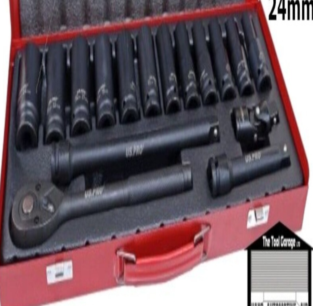 US PRO Tools 16pc 1/2"" DR Deep Impact Socket Set 10 - 24mm In Metal Case 3987