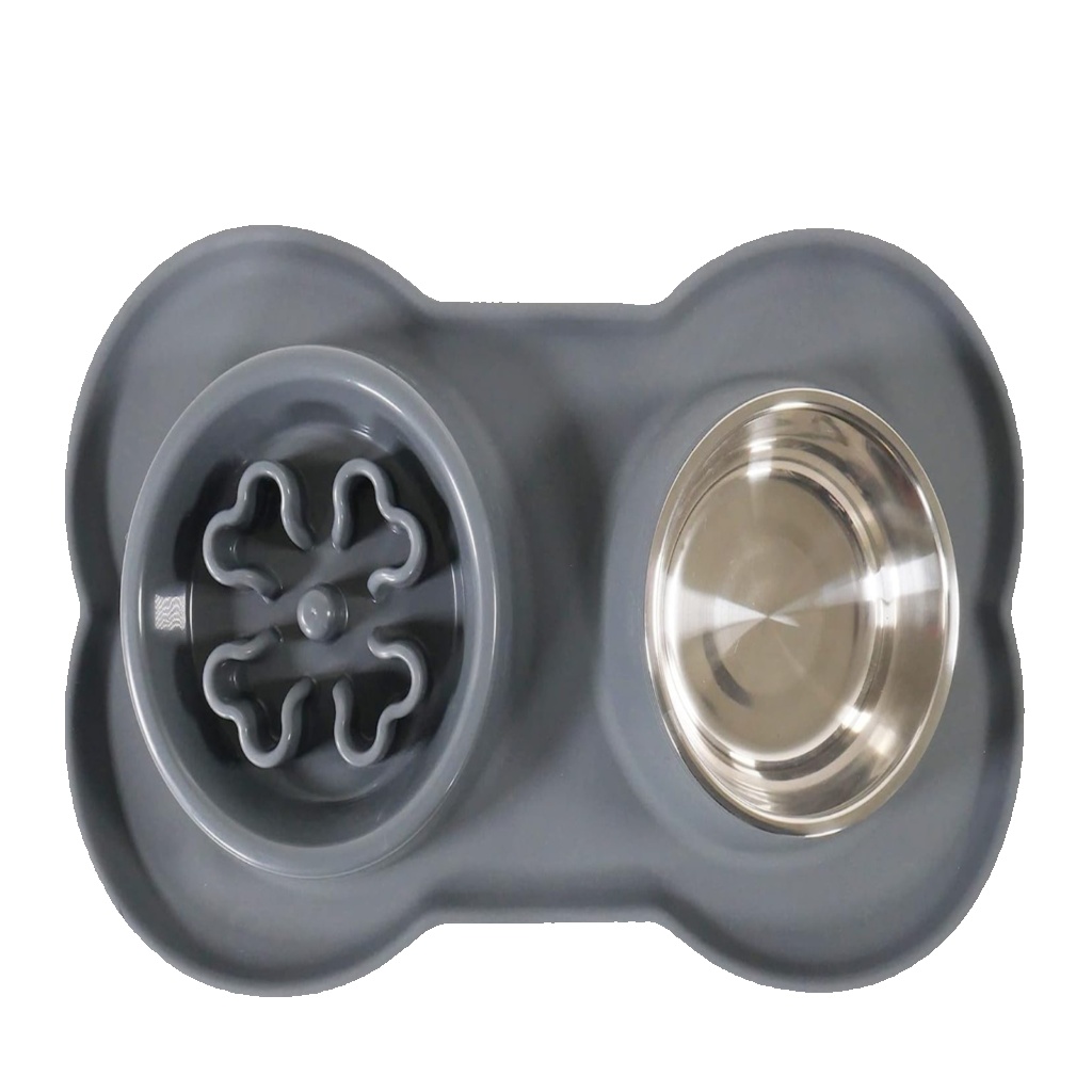 ROSEWOOD SILICONE PET DOUBLE DINER DOG SLOW FEED BOWL WATER FOOD BOWLS GREY