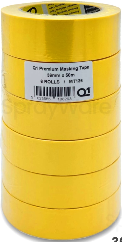 Q1 Masking Tape Sleeve Automotive 6pk 36mm x 50M 1.5"" Roll Yellow MT136