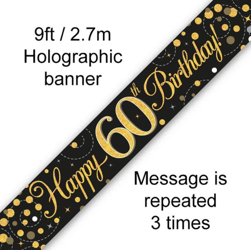 60th Birthday Party Banner – Black & Gold Happy 60th Party Decoration Bunting