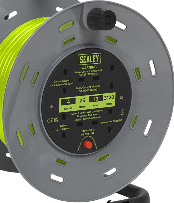 Sealey BCR25G 25m Cable Reel with Thermal Trip 4 x 230V - Hi-Vis Green
