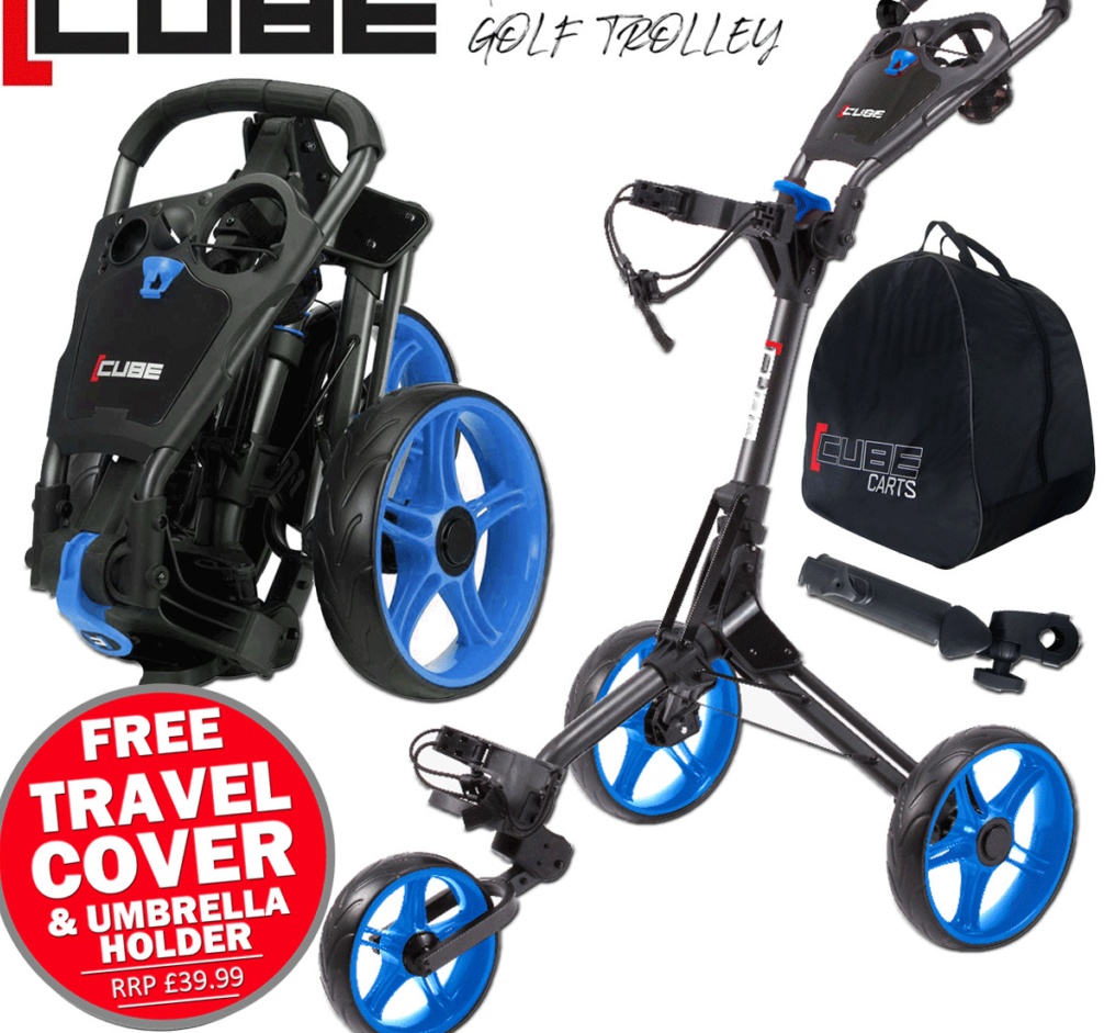 SKYMAX CUBE COMPACT 3 WHEELED GOLF TROLLEY / CHARCOAL - BLUE + FREE GIFT PACK