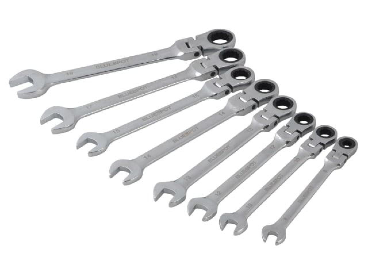 RATCHET SPANNERS SET FLEXIBLE HEAD METRIC 8 PIECES ASSORTED KIT, BLUE SPOT 04300