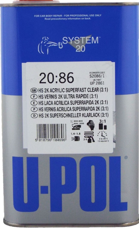 U-Pol S2086 2K Lacquer Acrylic Superfast Clearcoat (3:1) 1 Litre High Build Upol