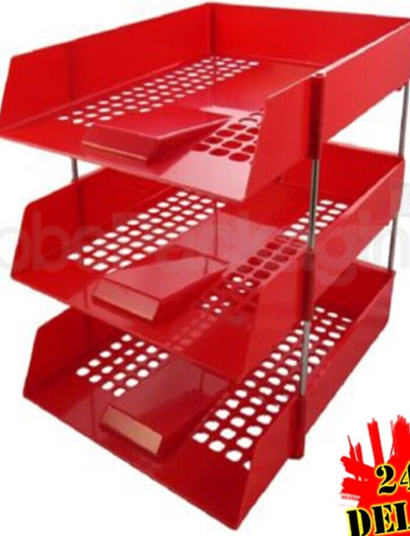 9 x RED IN/OUT LETTER FILING TRAYS + RISERS (i.e. 3 COMPLETE SETS) - 24HR DEL