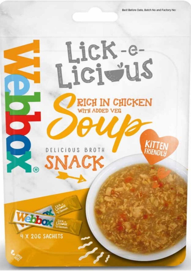 WEBBOX CAT KITTEN TREAT LICK E LICIOUS CHICKEN BROTH SNACK W/ VEG 4 X 20G SACHET