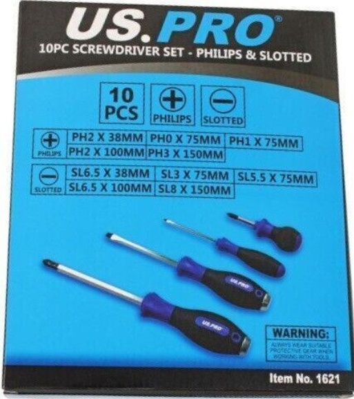 US PRO Tools 10 Piece Screwdriver Set Phillips & Slotted With Magnetic Tip 1621