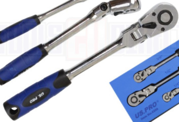 US PRO Tools 3pc Flexi Head Ratchet Set 1/4"" 3/8"" 1/2"" Drives 4209