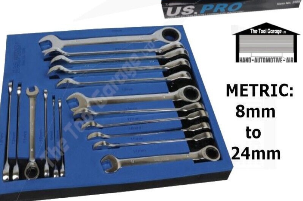 US PRO Tools 17pc 8mm-24mm Metric Gear Ratchet Wrench Spanner Set In Foam Tray