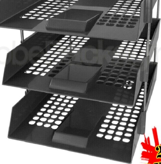 12 x BLACK IN/OUT LETTER FILING TRAYS + RISERS (i.e. 4 COMPLETE SETS) - 24HR DEL