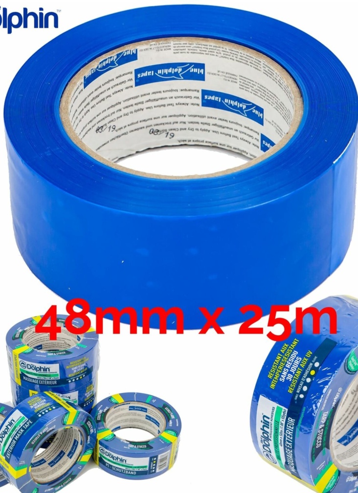Masking Tape Blue Dolphin 48mm Box of 36 Low tack UV 30 days Tarp & Stucco Paint