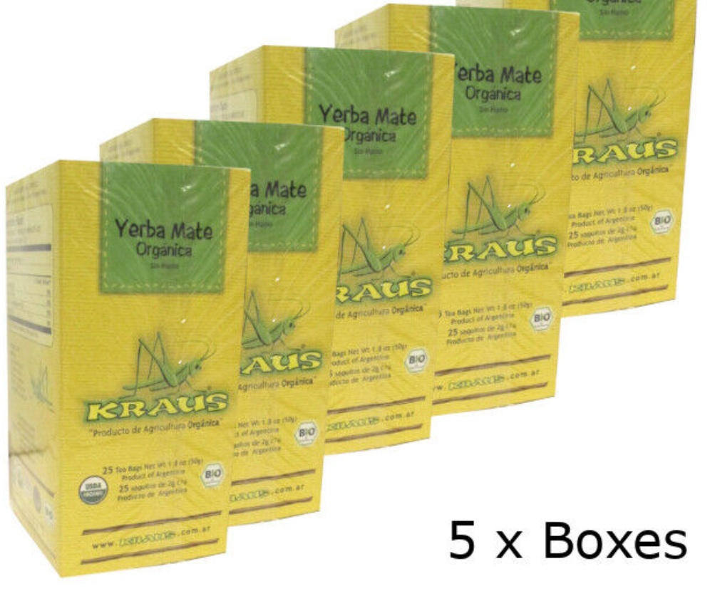 Kraus Organic Yerba Mate Teabags Unsmoked (cocido) Argentina (5 packs of 25)