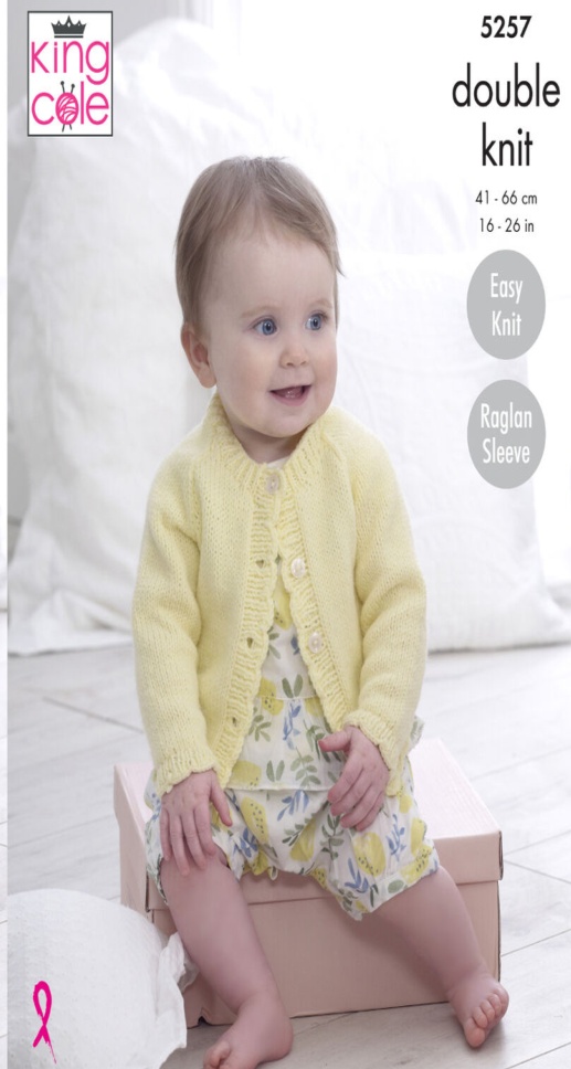 Easy Knit Baby Double Knitting Pattern Raglan Sleeve Cardigans King Cole 5257